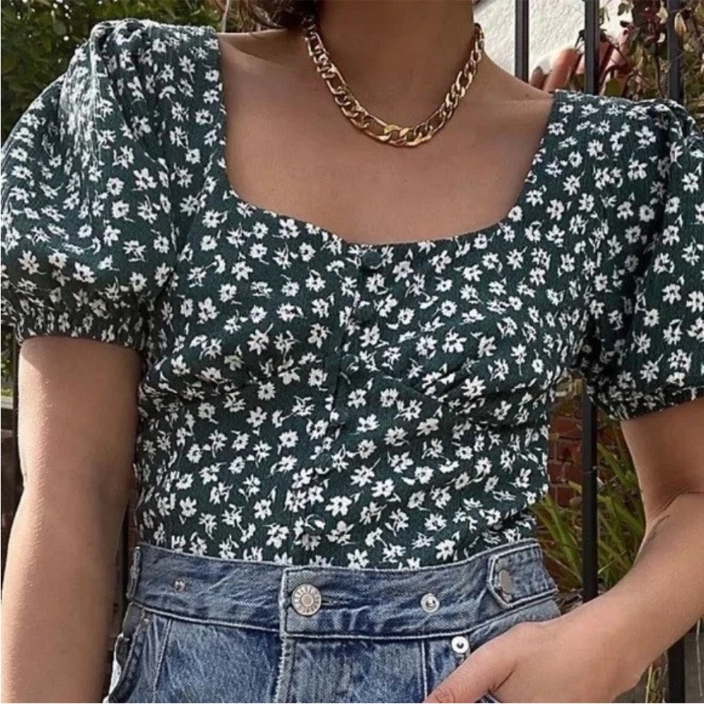 Free People Daisy Chain Milkmaid Floral Green Puff Sleeve Crop Top